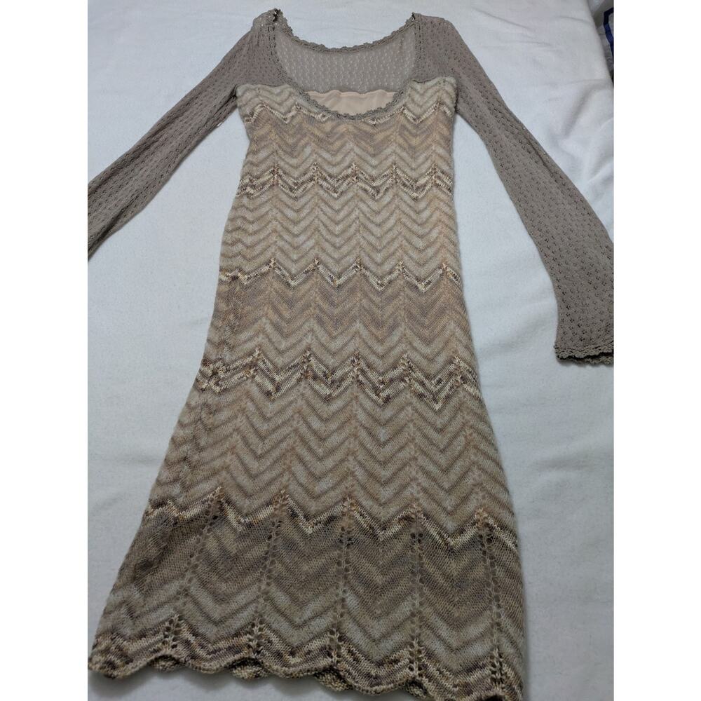 FREE PEOPLE Beige Soft Sweater Dress Short Knit Long Bell Sleeves Academia Sheer - Picture 5 of 16
